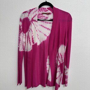 Belldini Hot Pink Tie Dye Knit Cardigan Open‎ Front Beaded Tencel Cotton Blend L